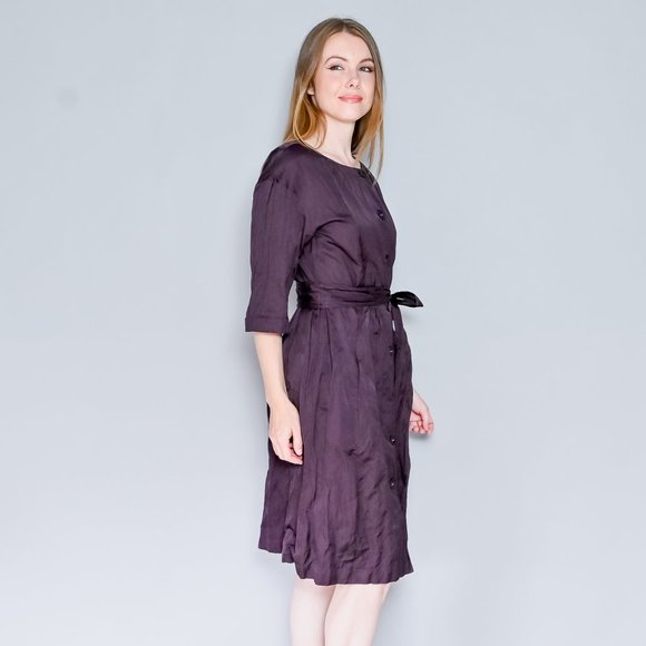 BROCK COLLECTION Eggplant Button-Front Tie-Belt Dress Sz 8 - Picture 4 of 7